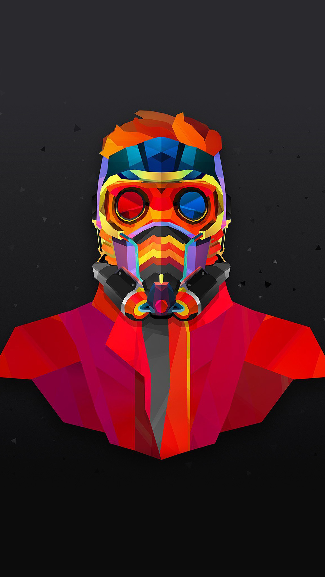 A low-poly, geometric art depiction of Star-Lord from Marvel's Guardians of the Galaxy, featuring vibrant red, orange, and blue colors against a dark background