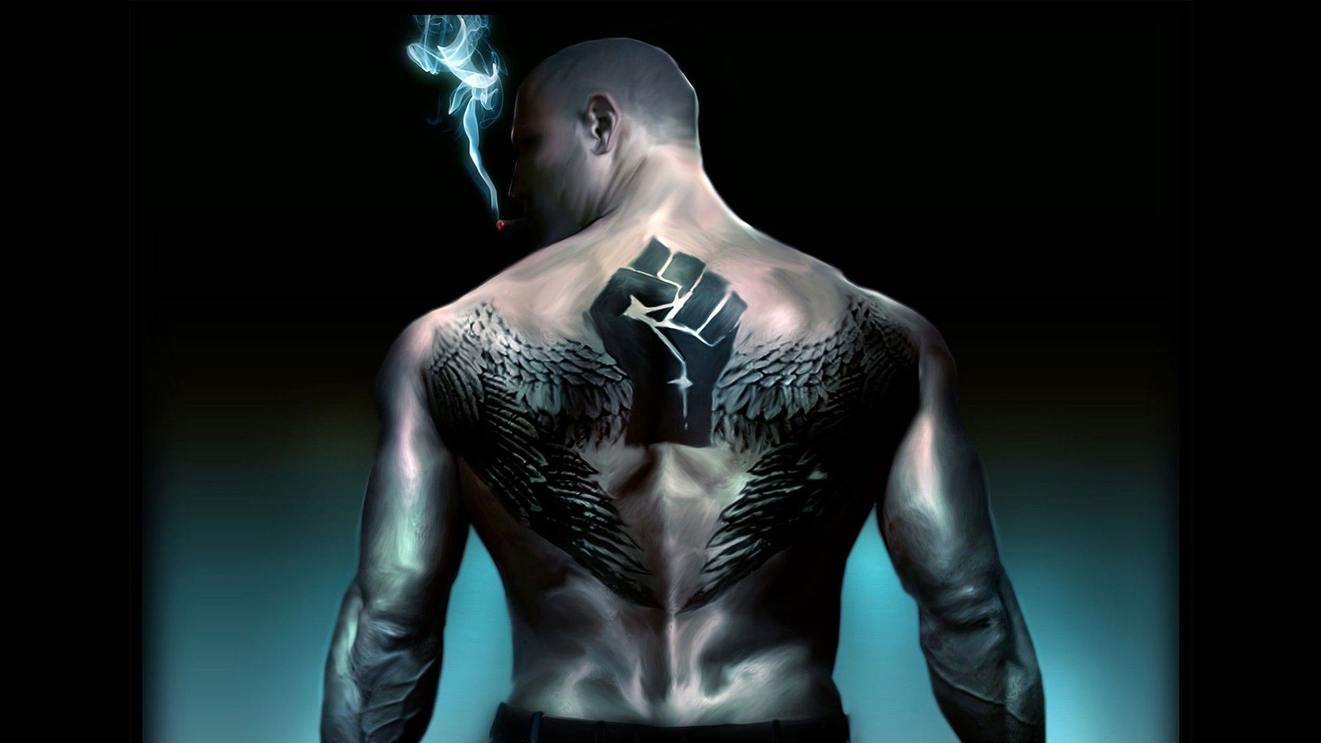 A man with a powerful back tattoo featuring angel wings and a clenched fist, symbolizing strength, freedom, and resistance