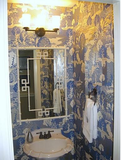Blue And White Wallpaper In Powder Room House Ideas