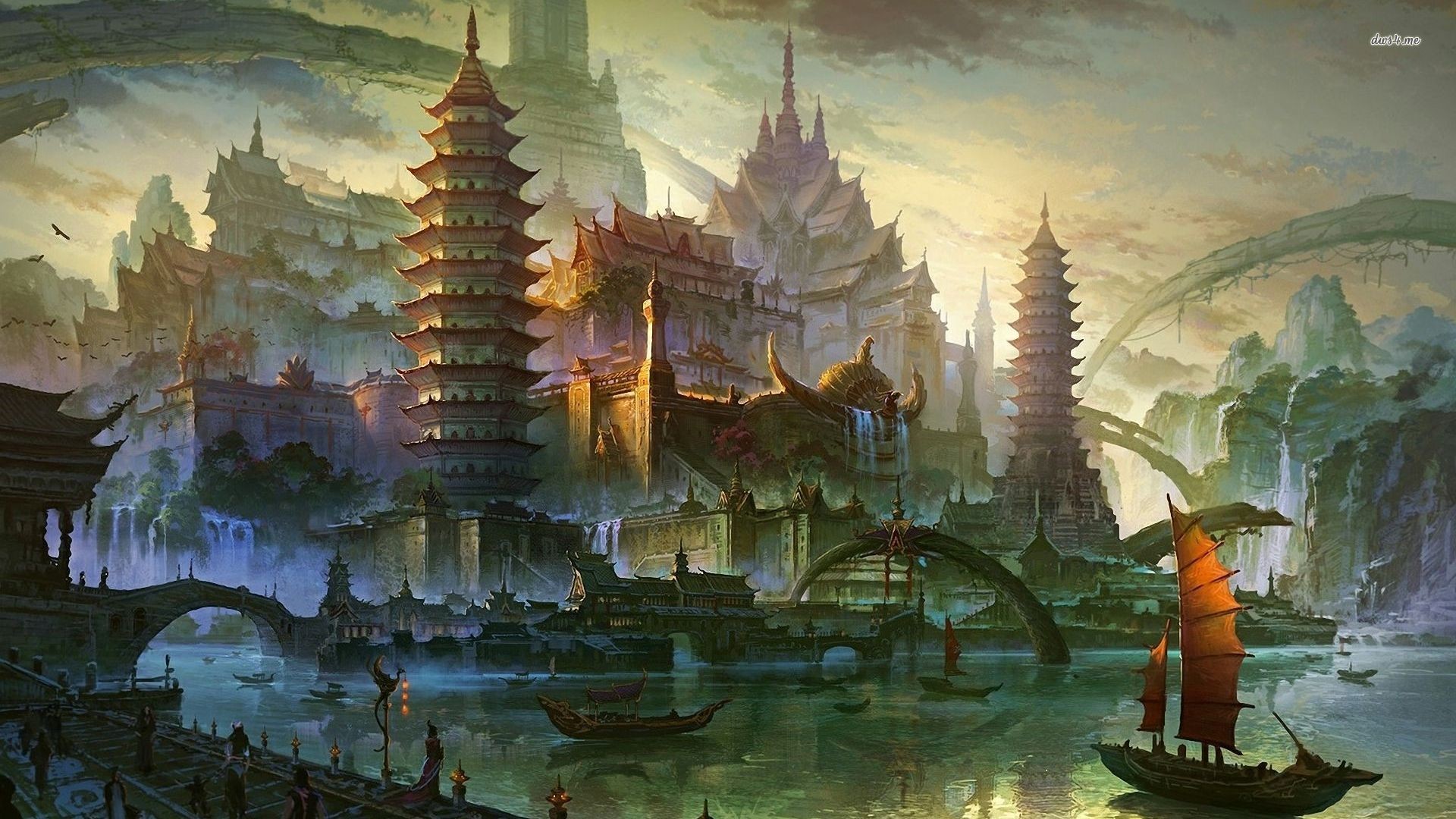 A majestic painting of an ancient Chinese city with pagodas, bridges, and a junk boat, showcasing traditional architecture and serene waterways