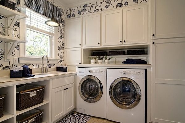 Floral Wallpaper Laundry Room With Sorter Baskets Decoist