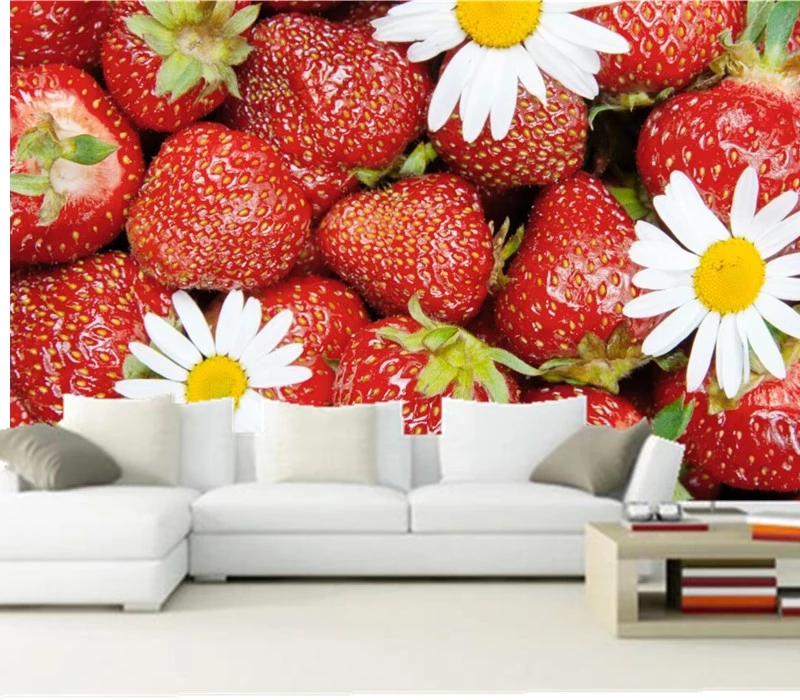 Custom 3D muralsStrawberry Camomiles Red Food Flowers wallpapers