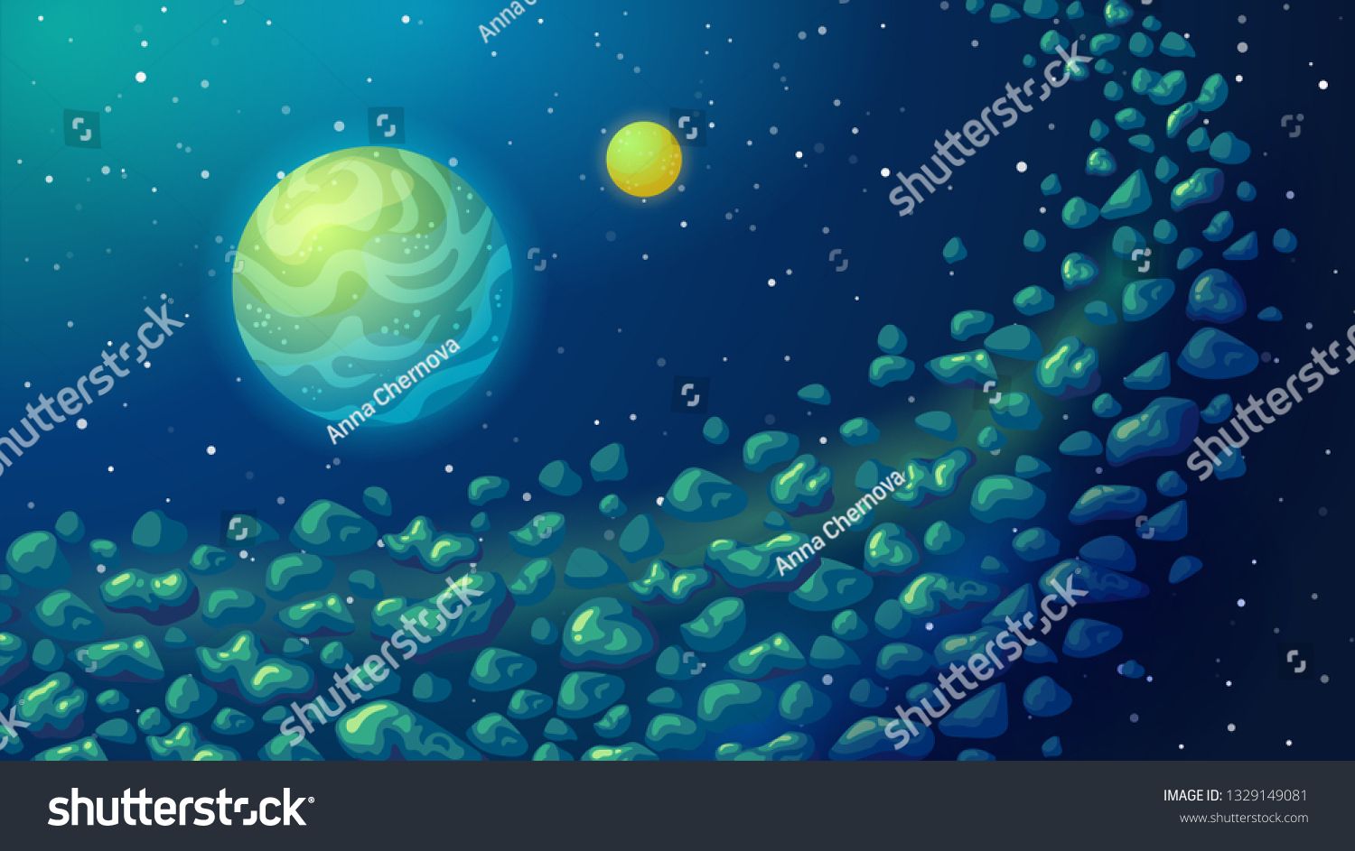 Asteroid Belt In Space Cosmic Cartoon Background Ad