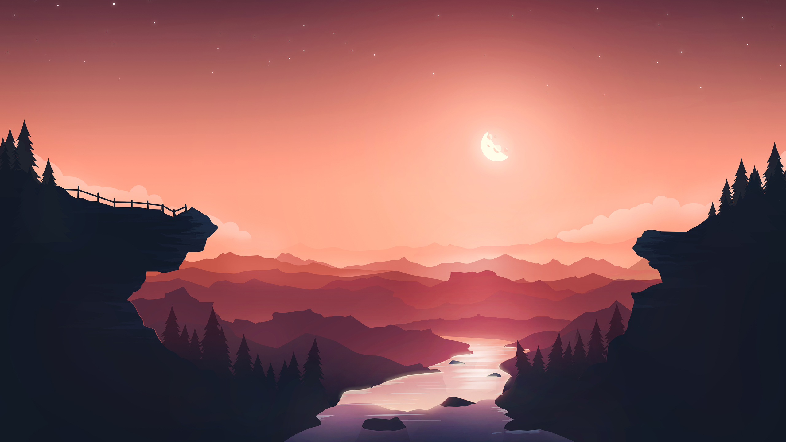 4k background image of a serene river flowing through a valley at sunset, with silhouetted mountains and trees in the foreground and a crescent moon in the sky