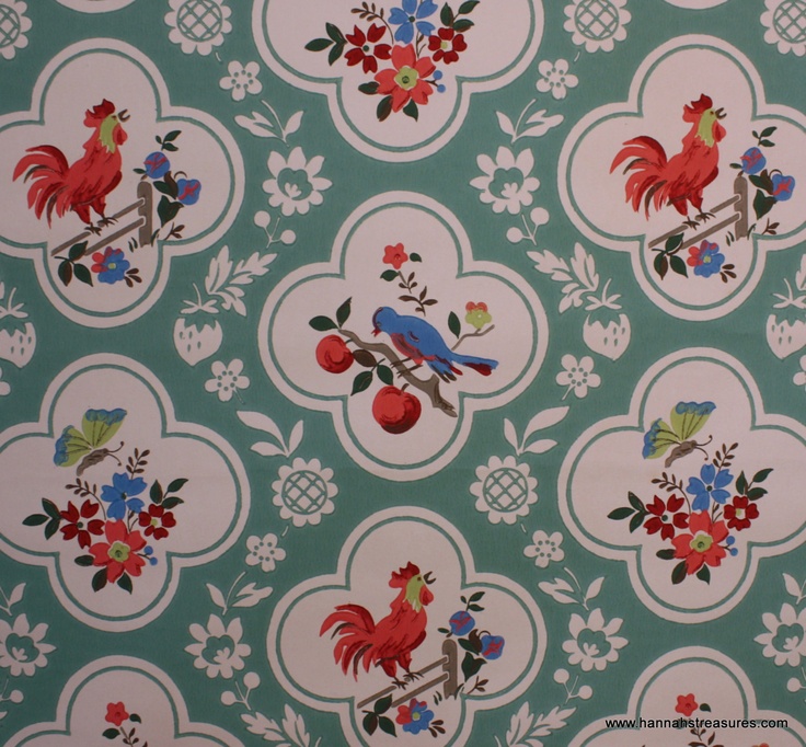 S Vintage Wallpaper Red And Aqua With Birds Cherries Roosters