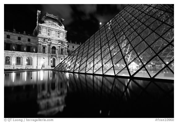 Black And White Picture Photo Louvre Pyramid Basin At Night Paris