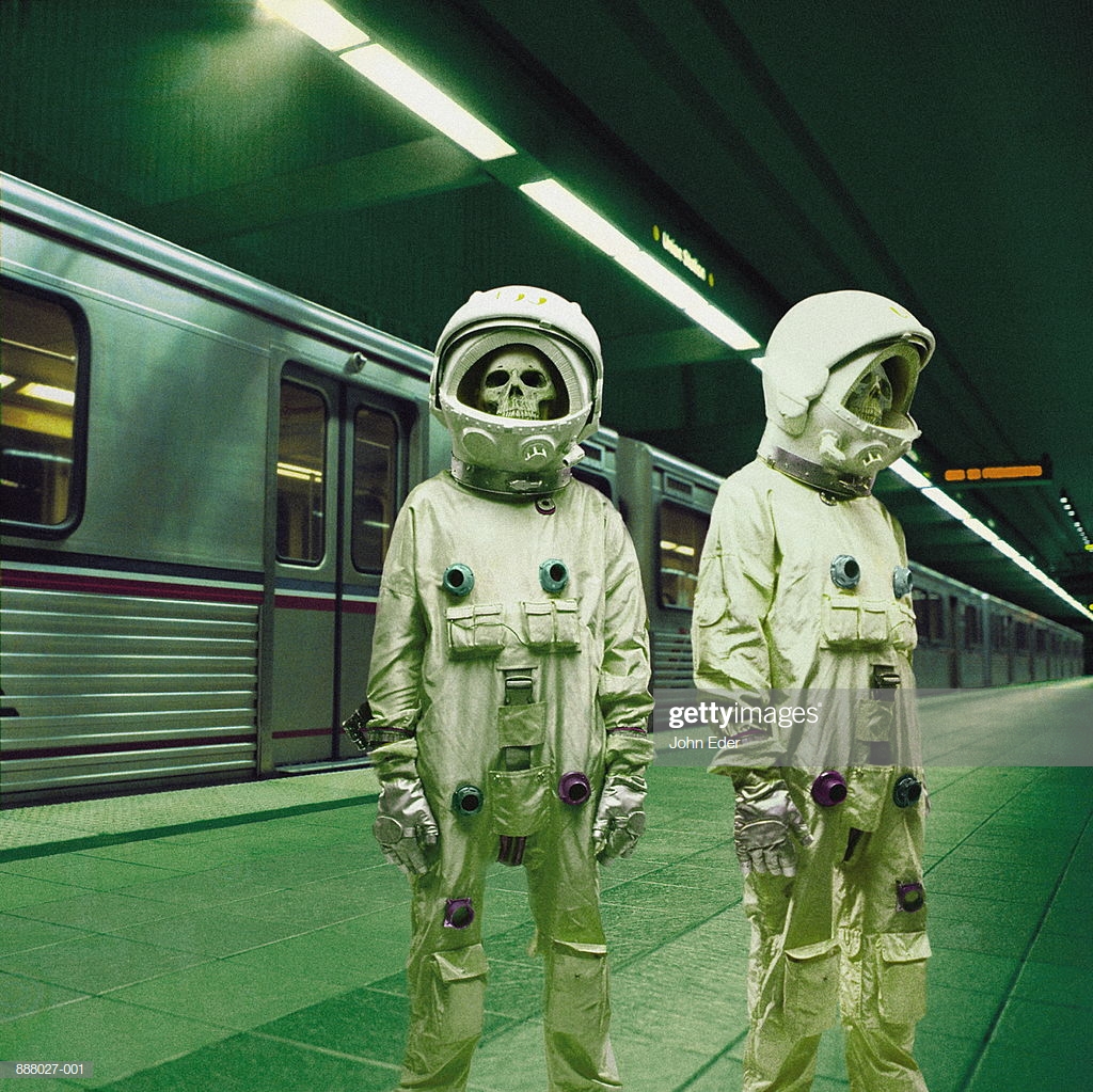 Skeletons In Space Suits Subway Train Background High Res Stock