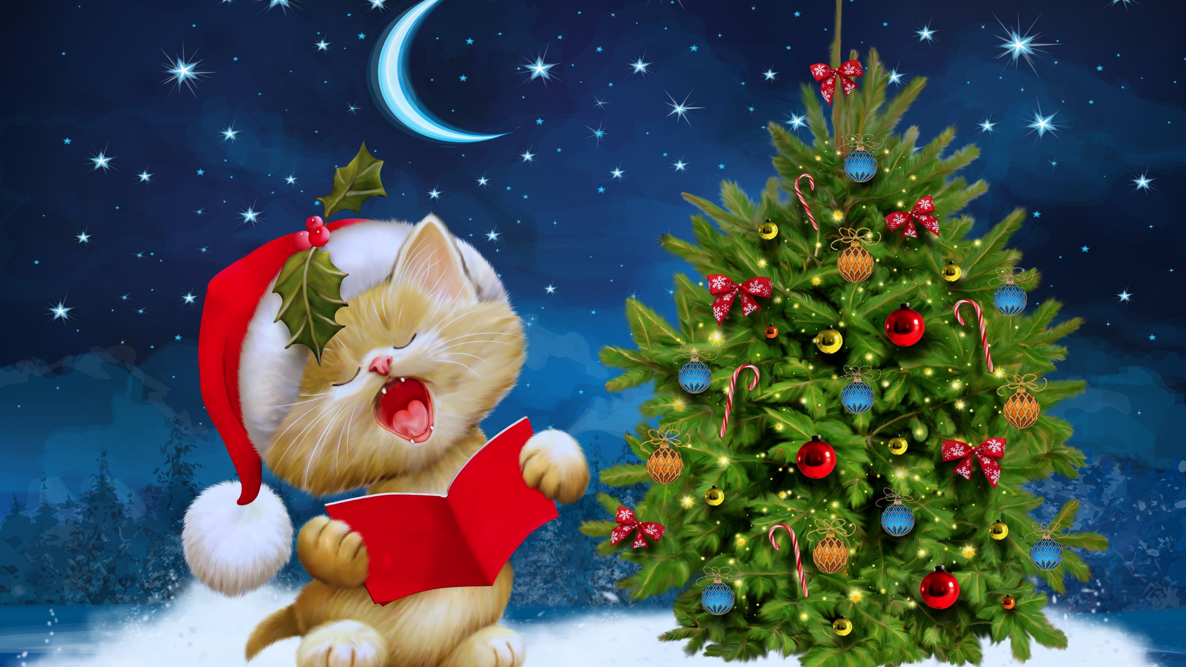 Adorable Christmas Kitten Singing Carols by a Decorated Tree