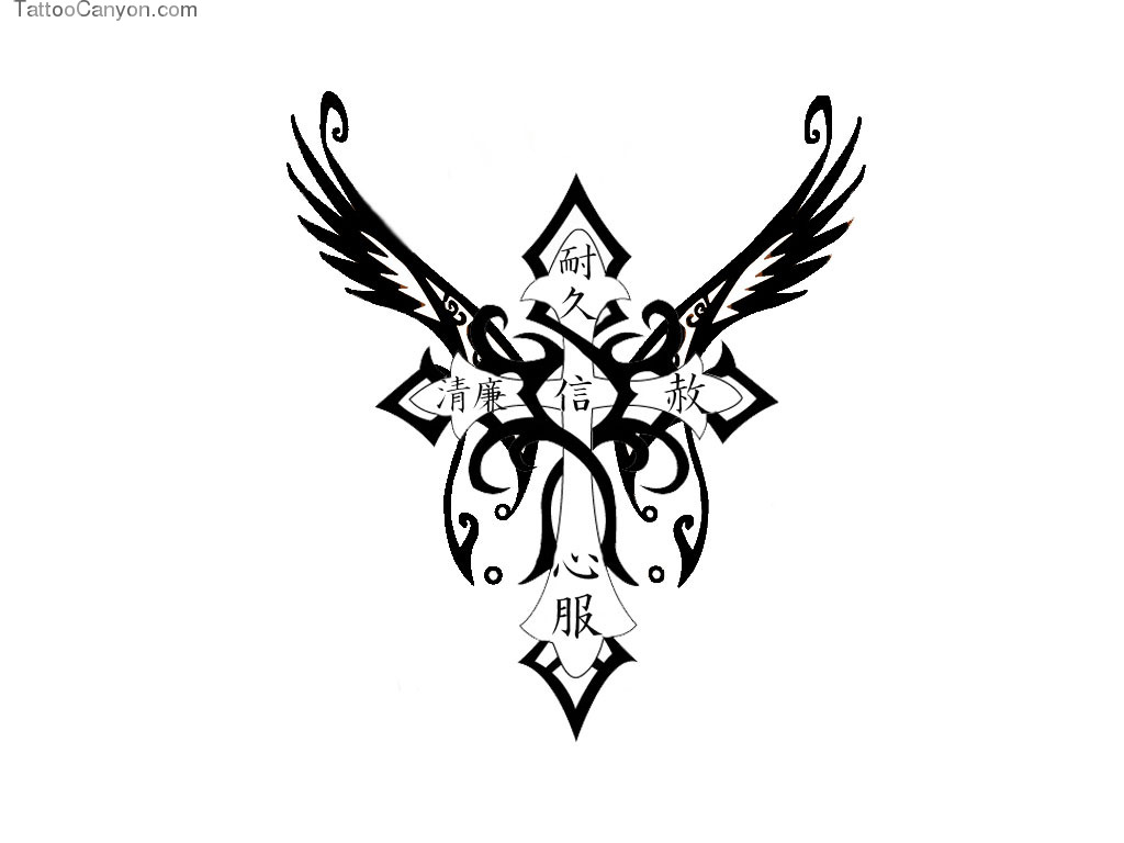Free Designs Cross Tattoo With Big Wings Wallpaper Picture 5128