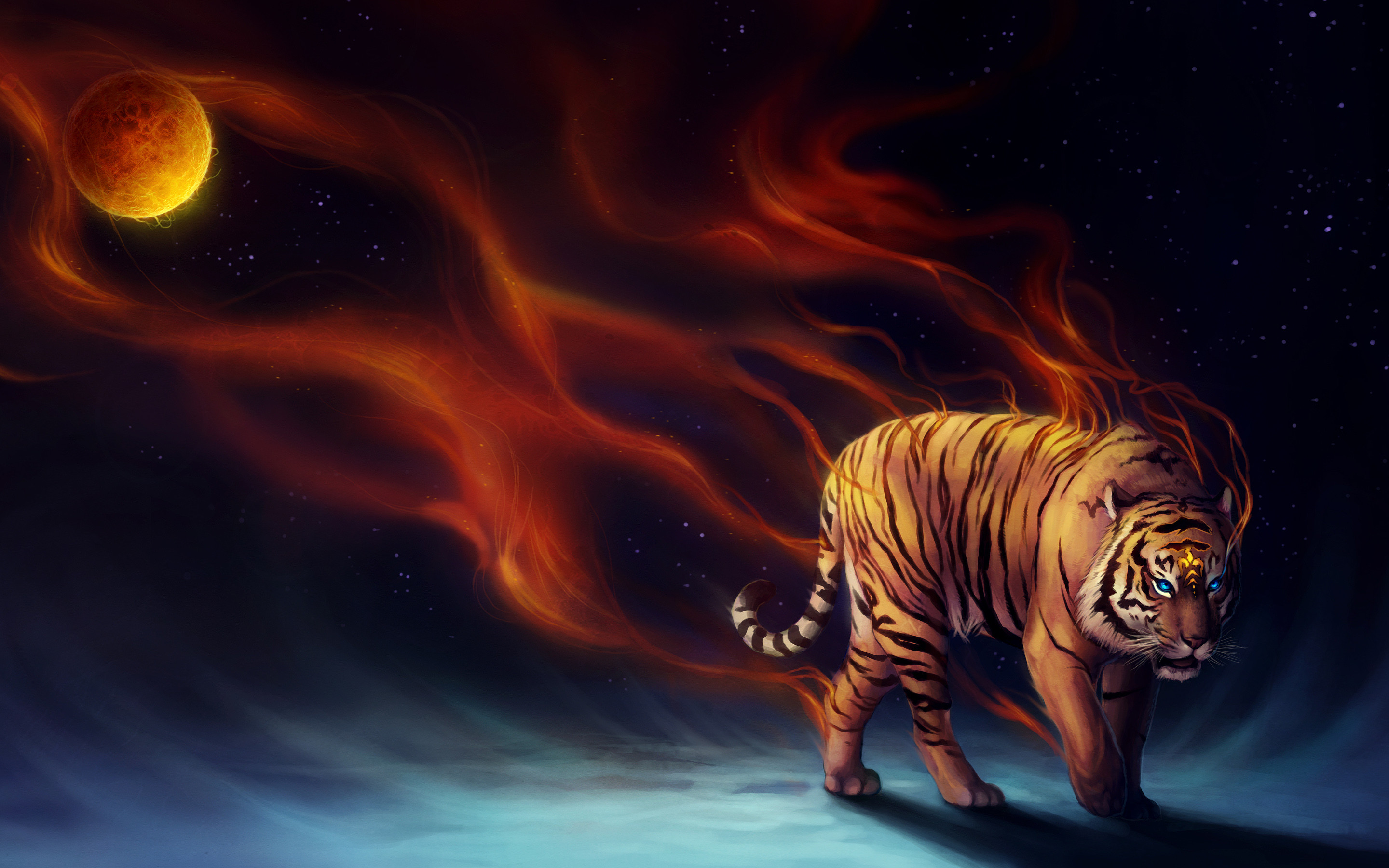 A majestic tiger with glowing blue eyes walks beneath a fiery sky with a large, orange planet in the background. This cool tiger wallpaper embodies power and mystique