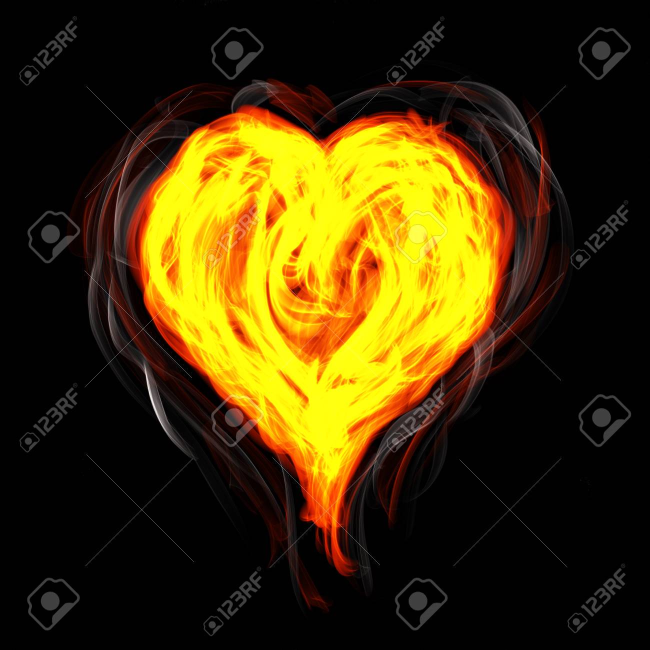 Hot Fire Heart Burning On Black Background Passion And Desire