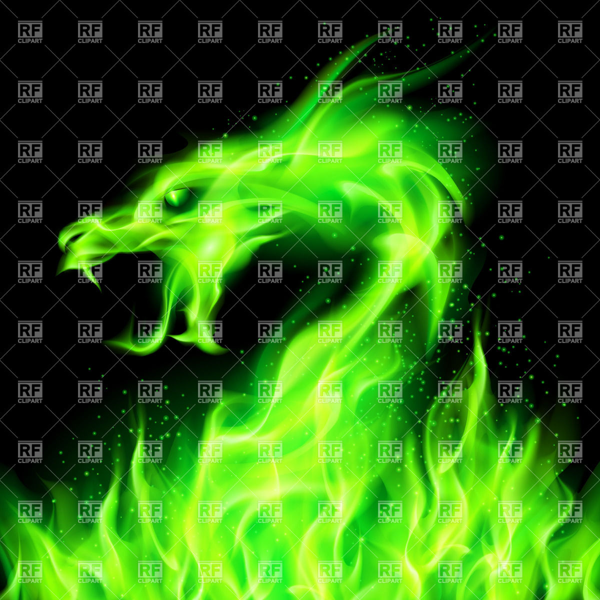 Head Of Green Fiery Dragon On Black Background Royalty