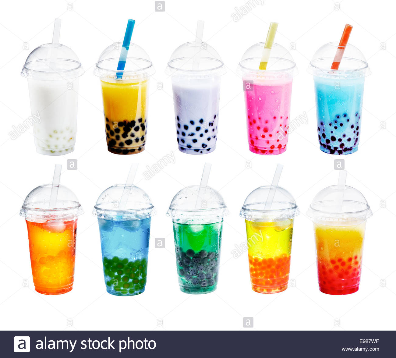 Different Sorts Of Boba Bubble Tea Cocktail Standing In A Row