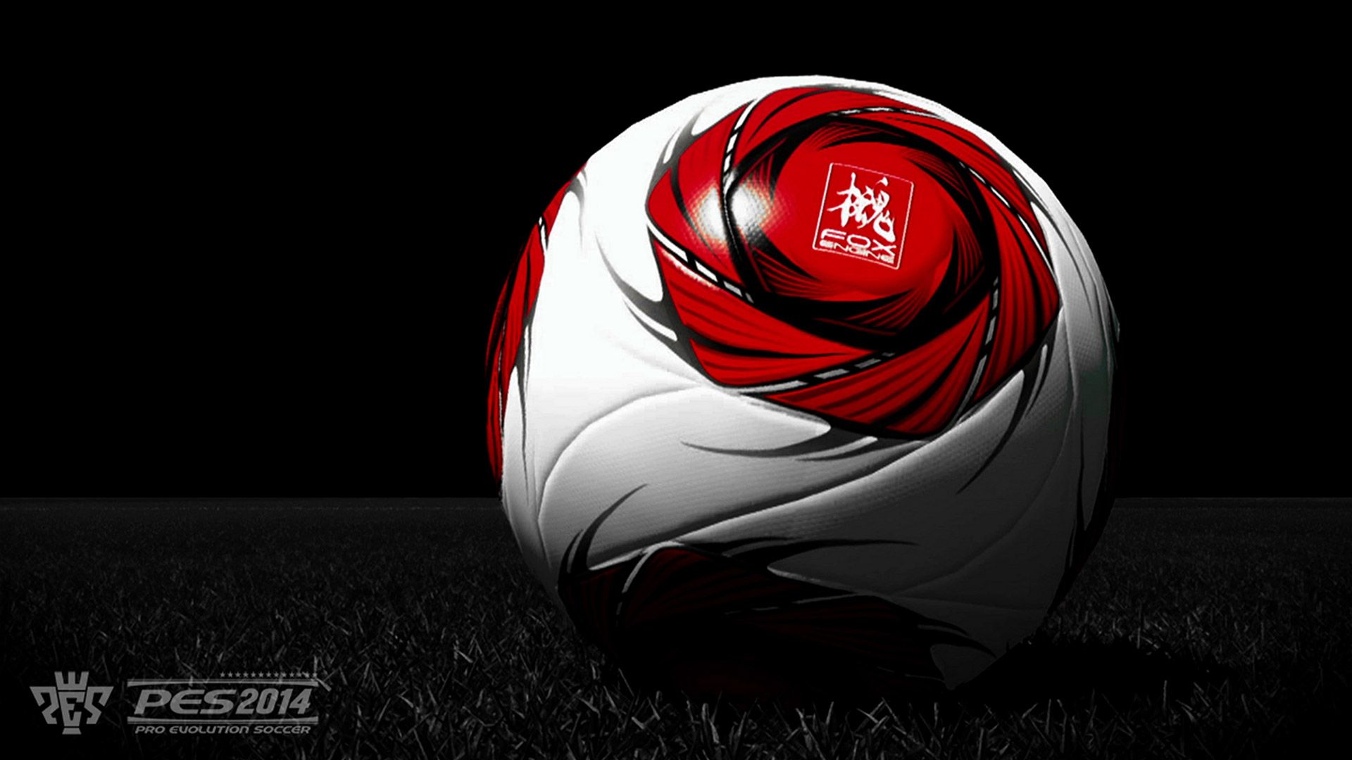 A dynamic close-up of a stylized soccer ball with red and white swirling design, set against a dark backdrop, possibly promoting PES 2014
