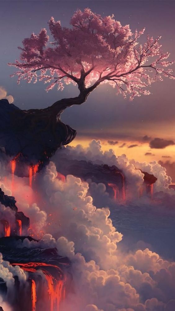 Cherry Tree And Fuji Volcano Japan Fantasy Landscape Pink