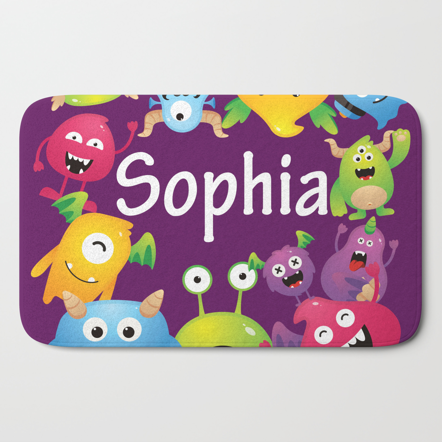 Cute Lovely Monsters Sophia Purple Background Bath Mat By