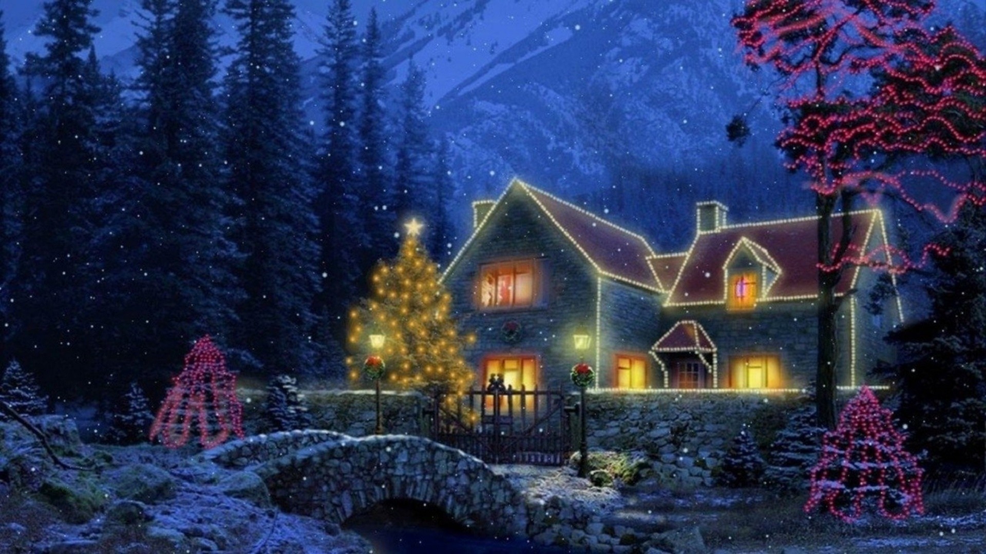 A cozy, snow-covered house adorned with Christmas lights, nestled amidst a snowy forest and a picturesque bridge
