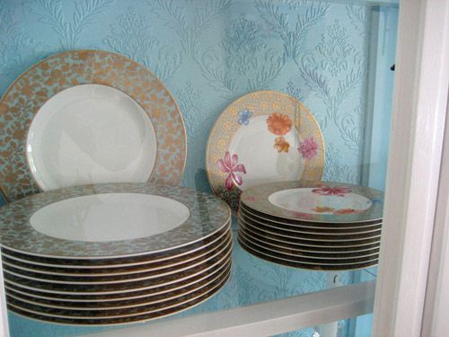 How They Put Textured Wallpaper In That Back Of The China Cabi