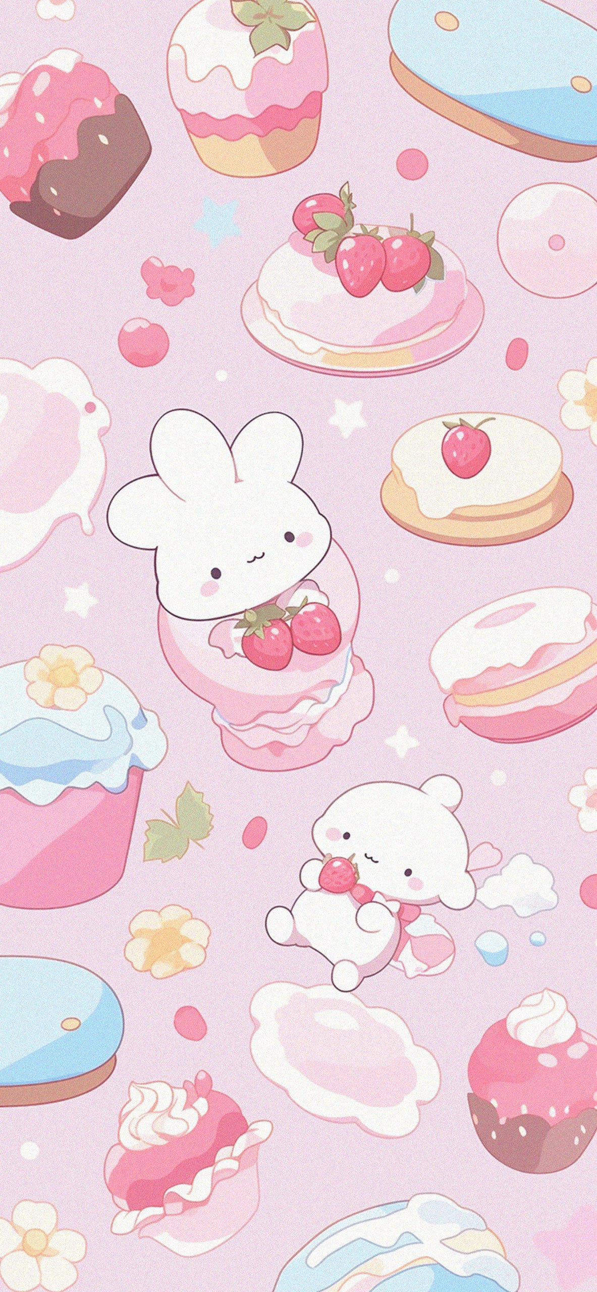 Kawaii pastel pink wallpaper with Sanrio-inspired characters and sweets