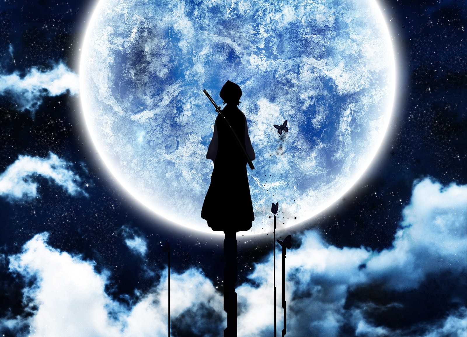 A silhouette of an anime character stands against a large, blue moon in a starry night sky, with butterflies fluttering around