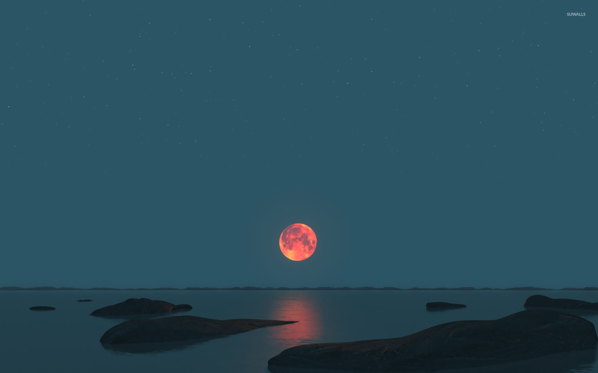 Red Moon Over The Sea Wallpaper Nature