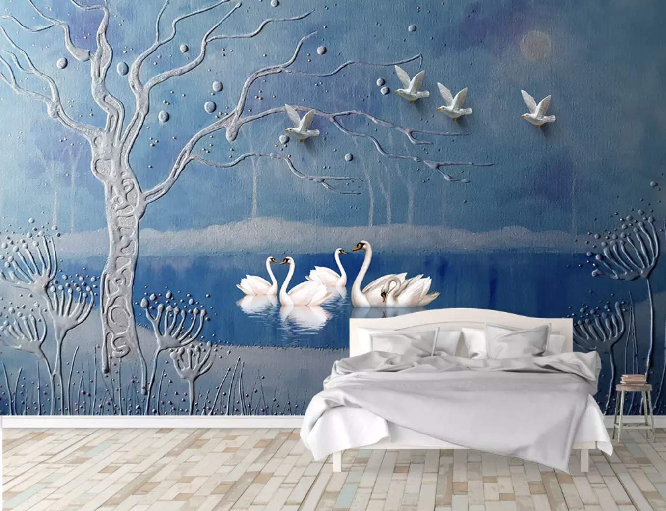Amazon Murwall 3d Embossed Wallpaper Swan And Lake Landscape
