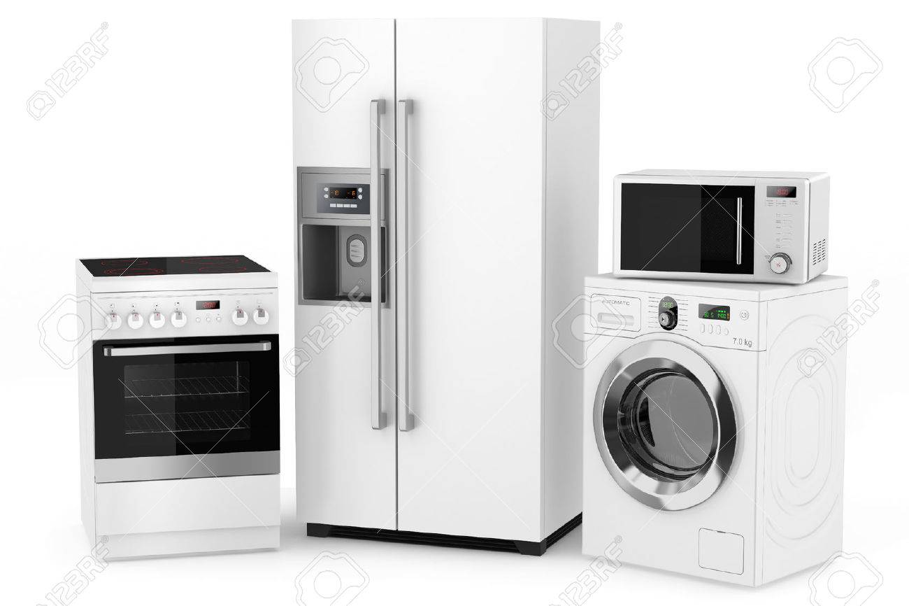 Group Of Household Appliances On A White Background Stock Photo