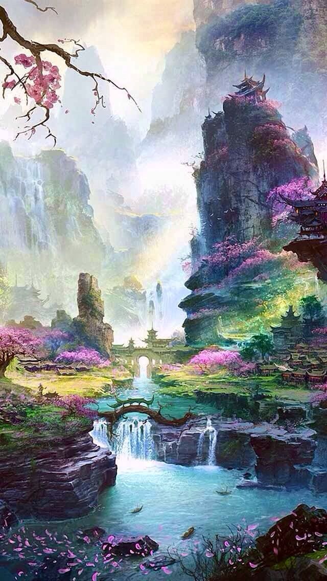 Pagoda In Background Color Landscape Art Fantasy