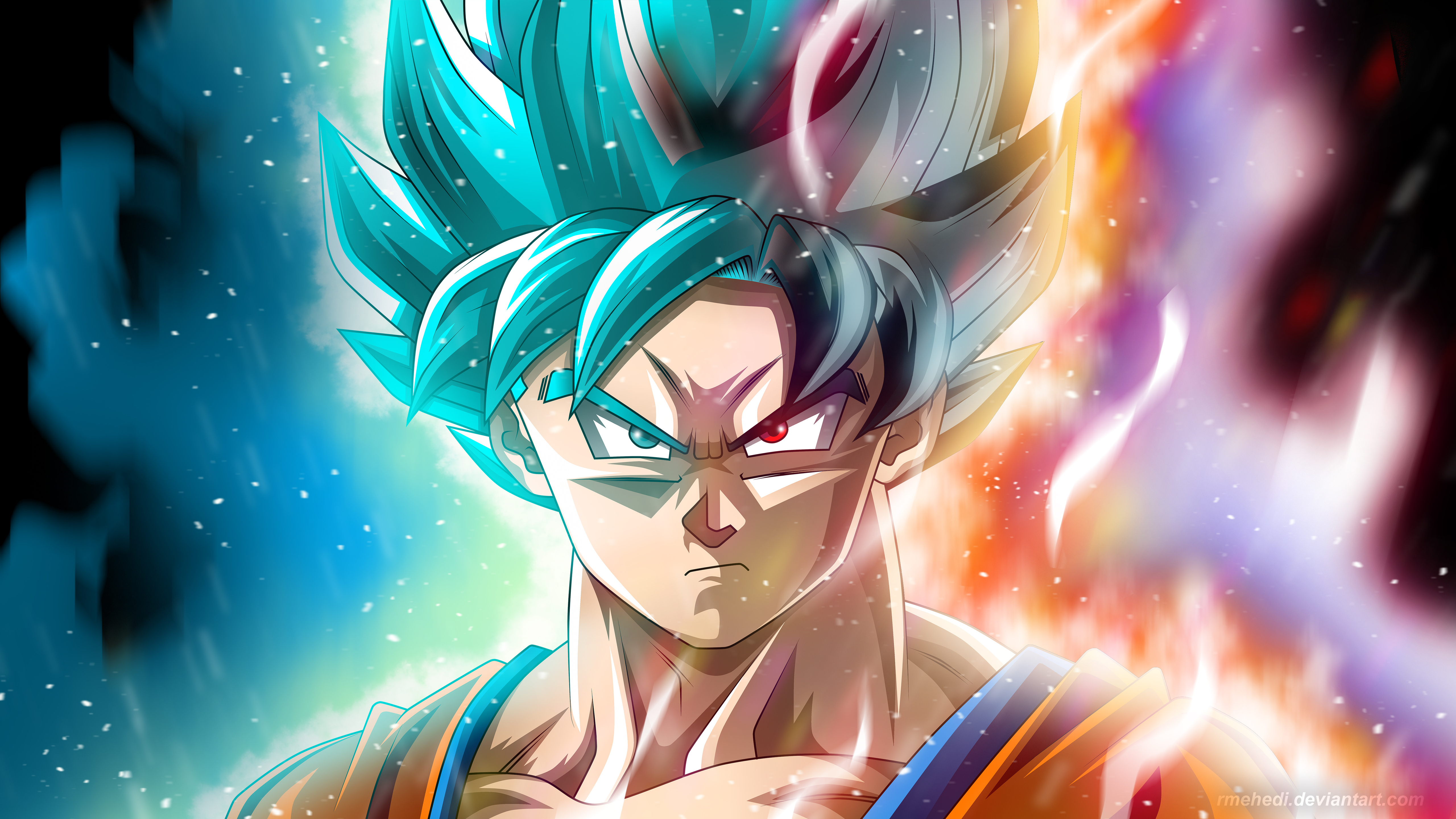 Close-up of Goku with blue and gray hair, emanating power, from Dragon Ball Super anime series in 4k resolution