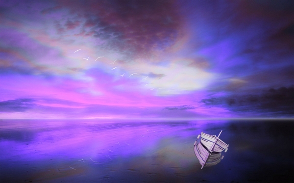 Water Sunset Abstract Landscapes Purple Boats Lakes