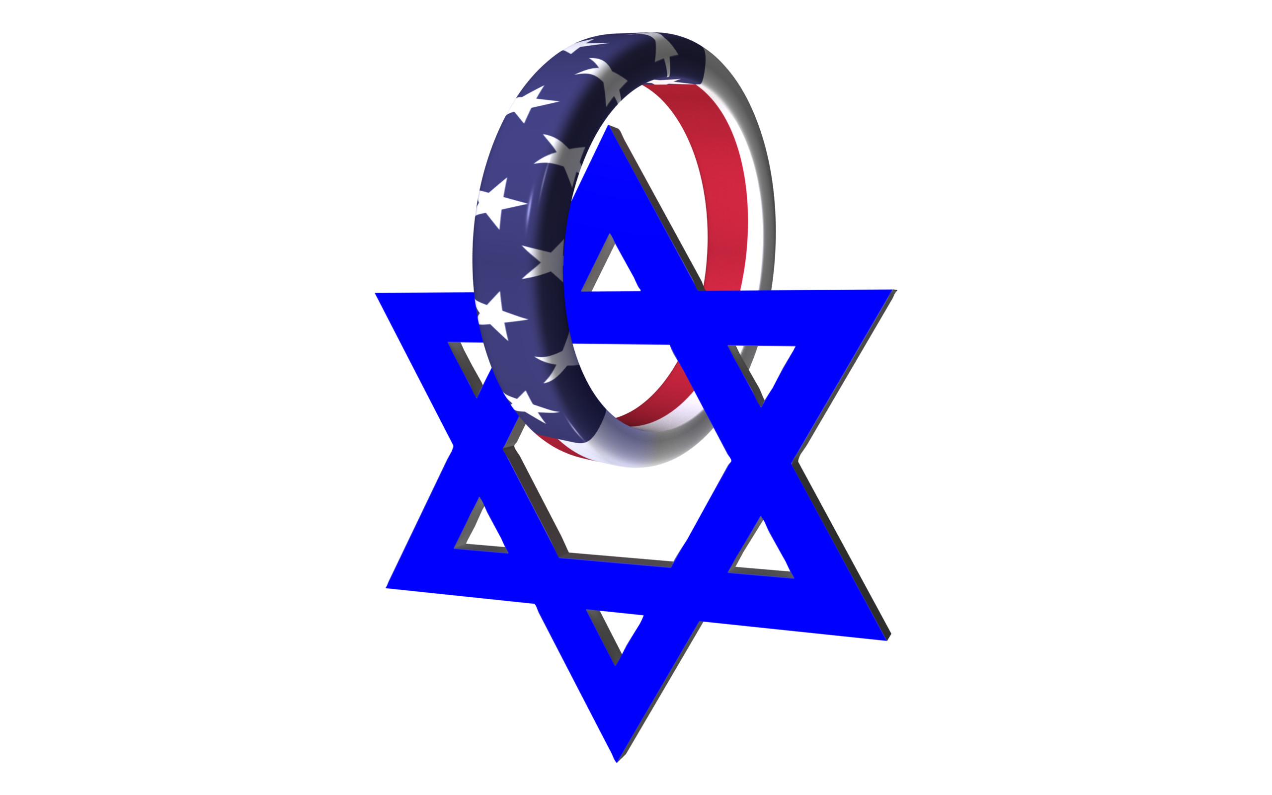 A blue Star of David intertwined with a ring patterned with the American flag, symbolizing the relationship between American Jews and the United States