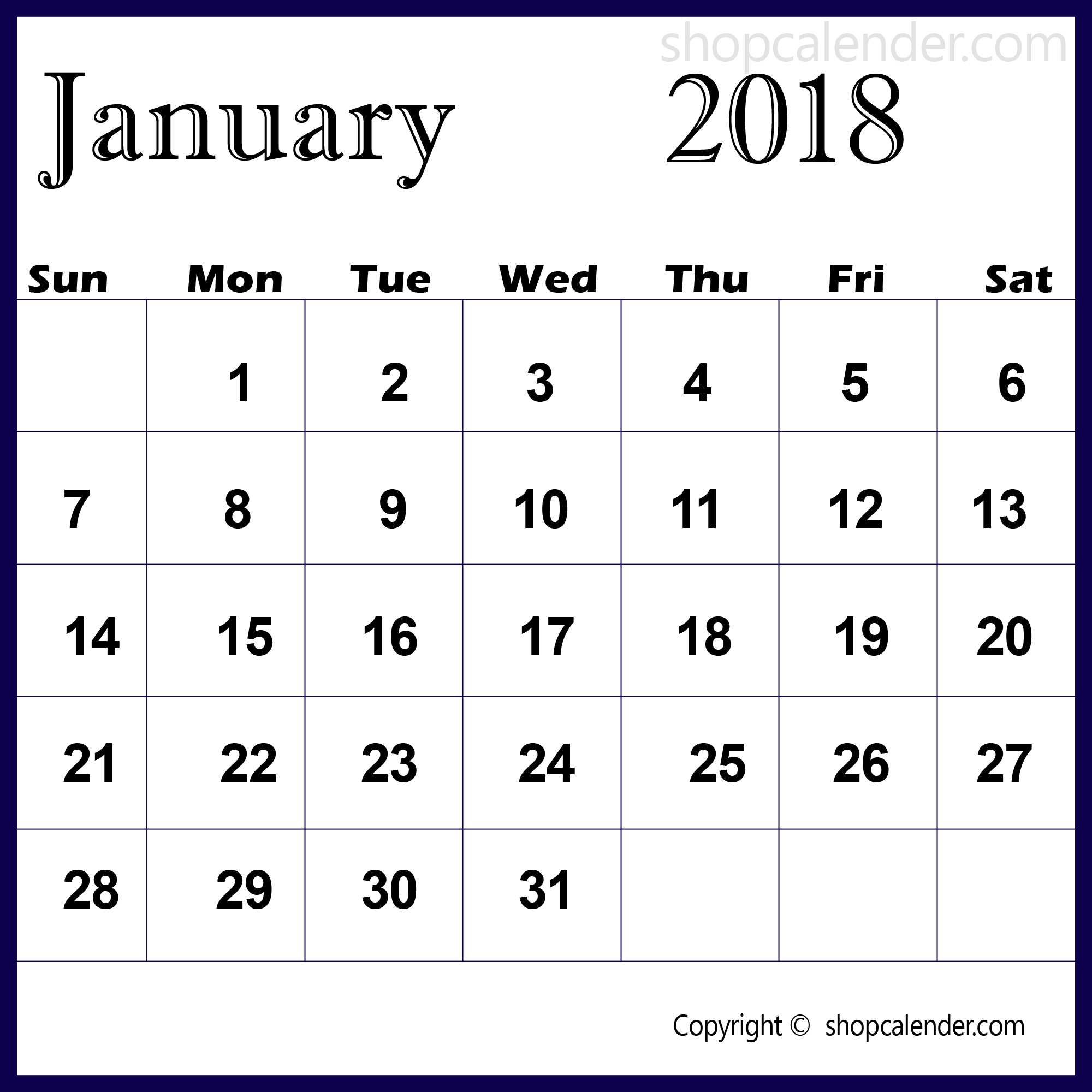 Free download January 2018 Calendar Background 2000x2000 for your