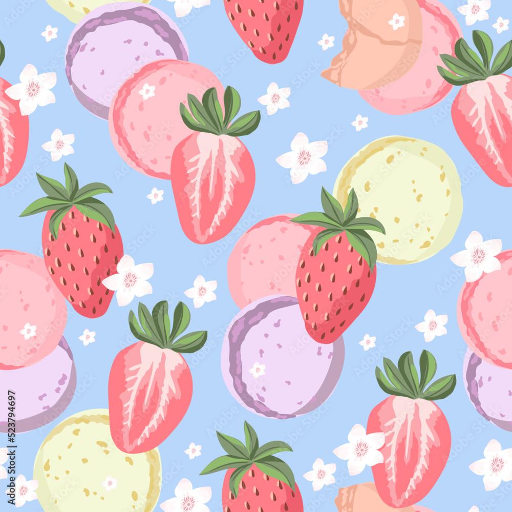 Seamless Pattern With Colorful Macarons And Strawberries Cute