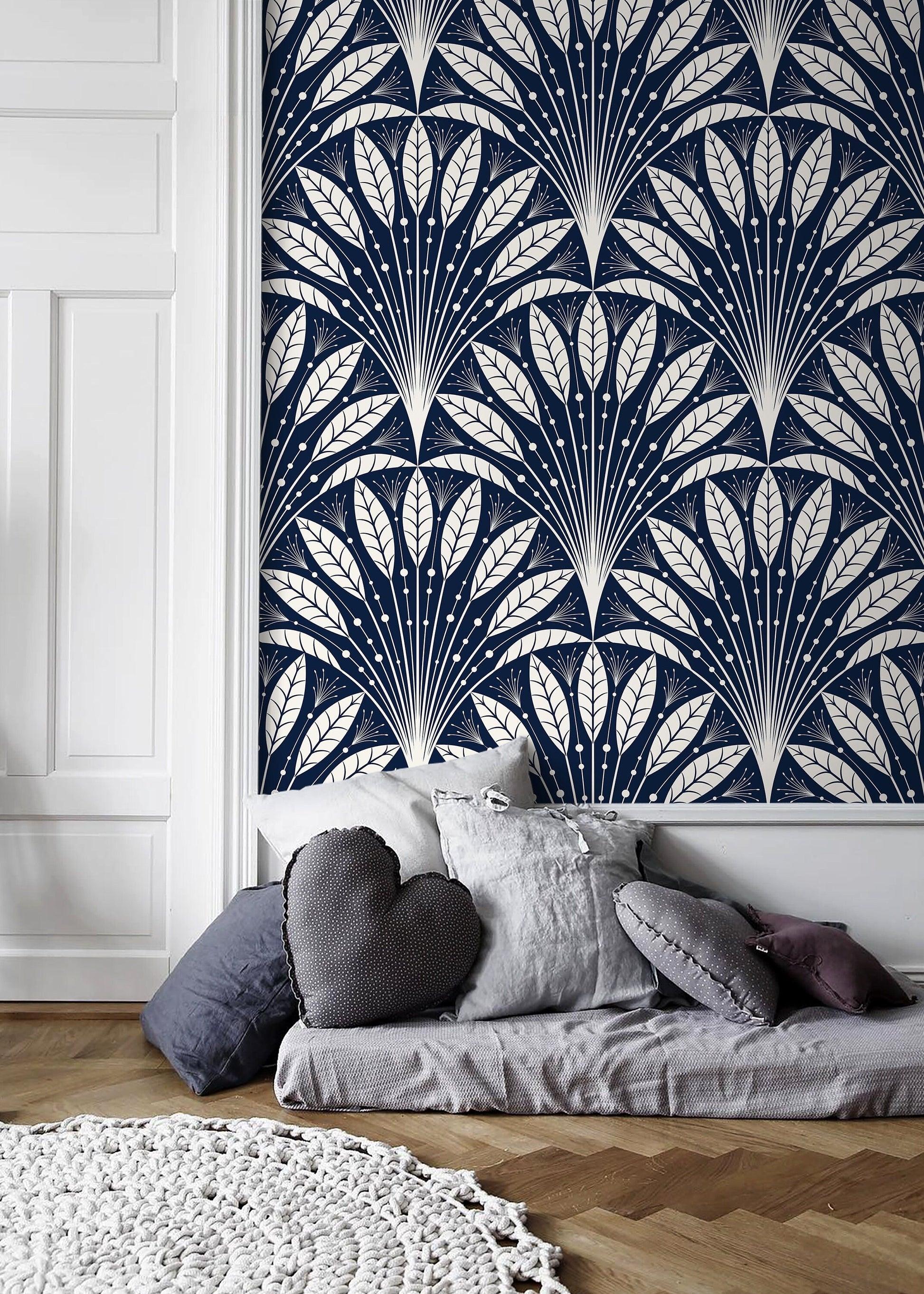 Navy Blue Boho Feathers Wallpaper Peel And Stick