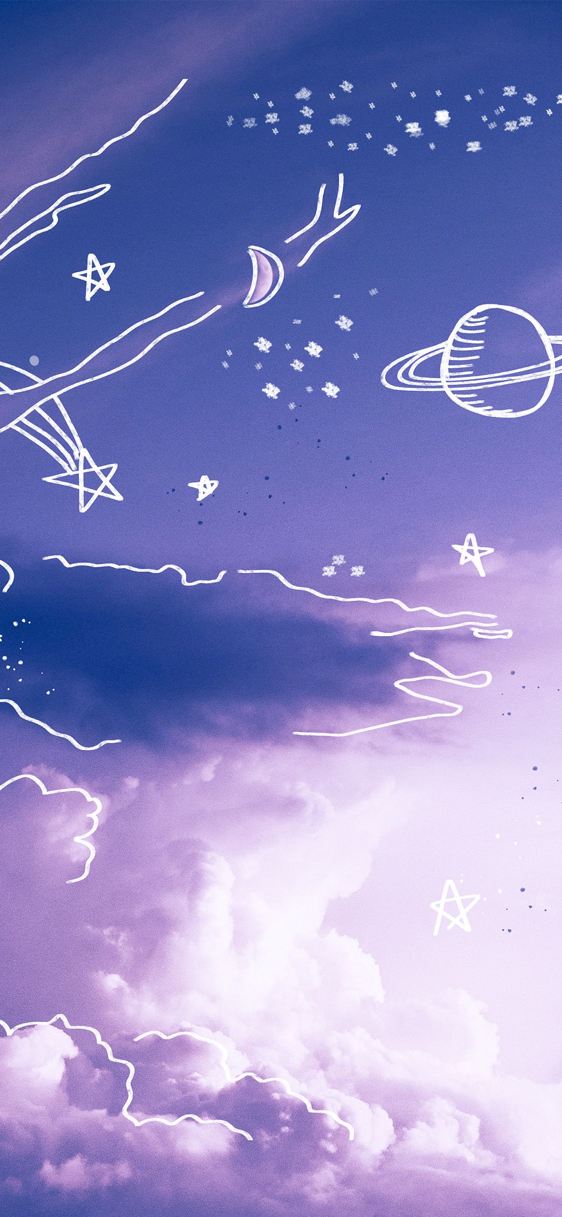 A dreamy purple sky with hand-drawn doodles of stars, planets, a crescent moon, clouds, and other celestial elements, creating a whimsical and aesthetic wallpaper