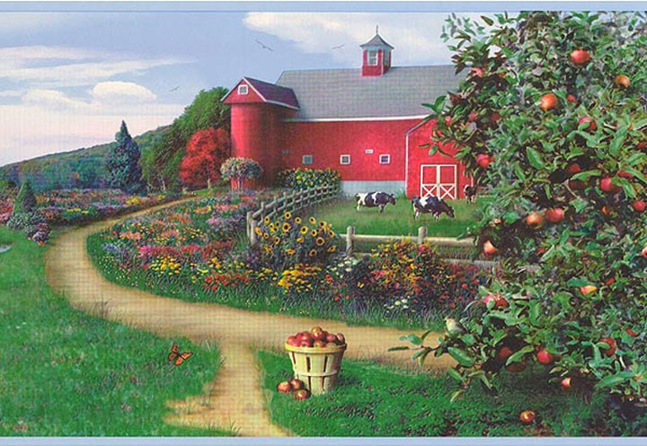 Details About Wallpaper Border Country Farm Cows And Red Barn Apples
