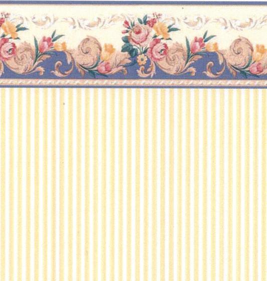 Dollhouse Wallpaper Cartouche In Blue With Yellow Stripes