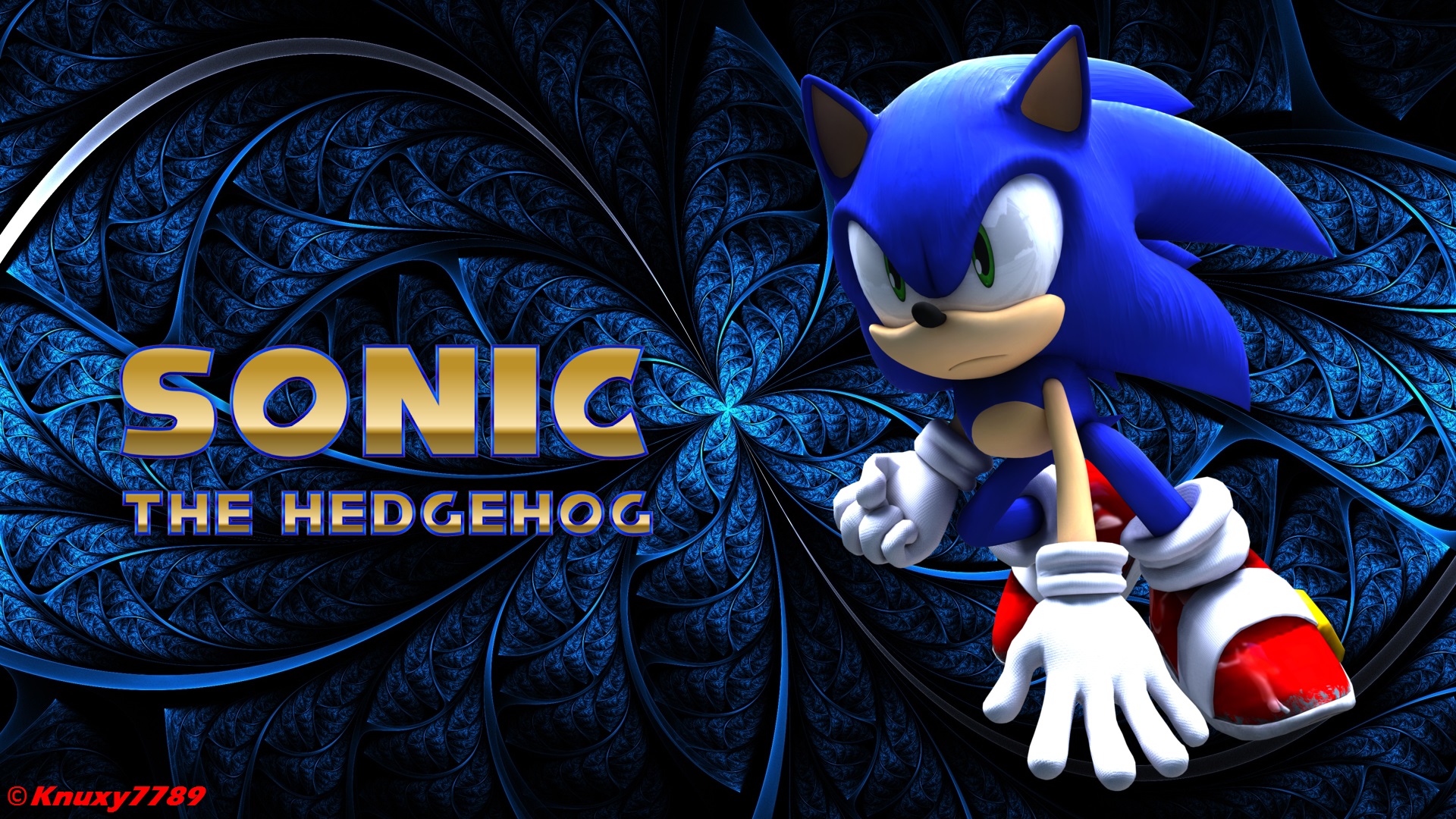 Sonic the Hedgehog on a dark blue fractal background