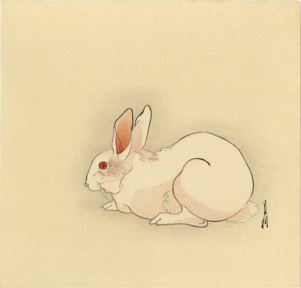 Gekko Japanese Woodblock Print White Rabbit On Background 1930s