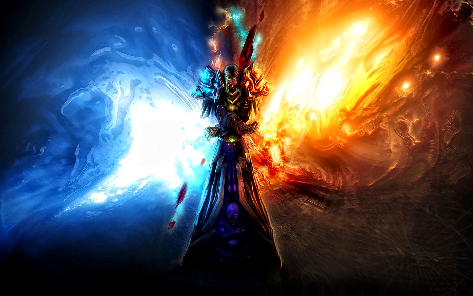 A powerful sorcerer stands amidst a clash of fire and ice, wielding magic in a vibrant fantasy scene