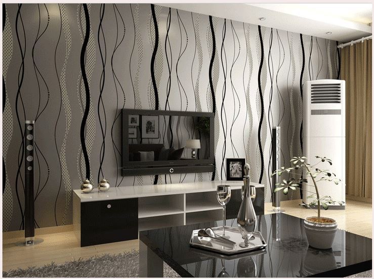 Modern Wallpaper Black And Grey Wave Striped Paper Roll For Wall
