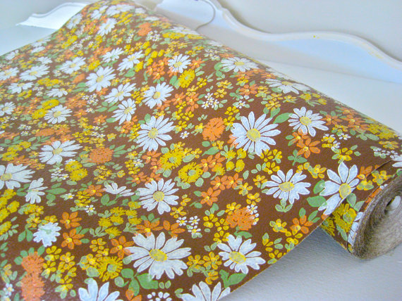 Vintage Wallpaper Flower Power Daisy Print Huge Roll 11 Yards