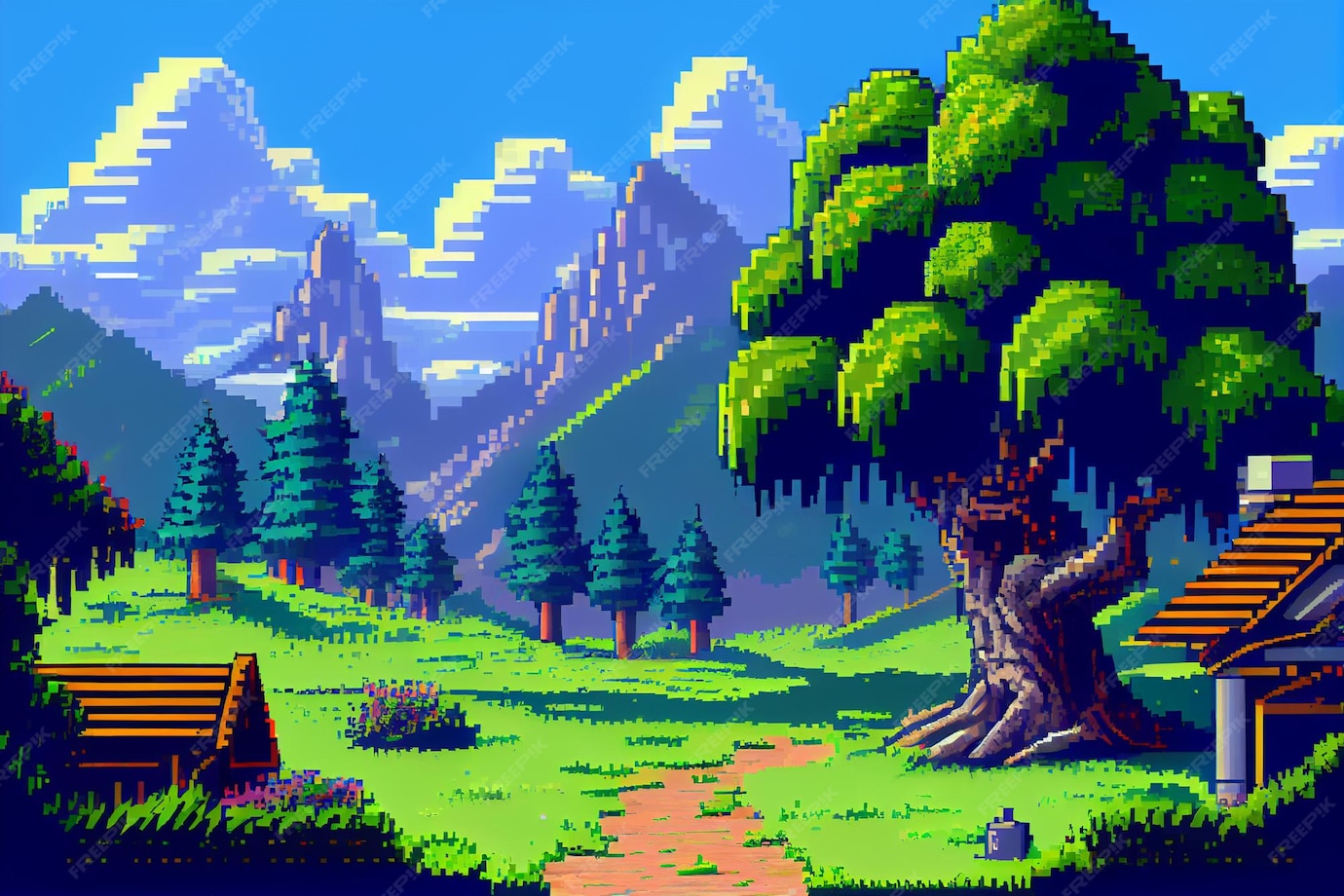 Video Game Background Landscape With Mountains And Forests In Bit Wallpaper
