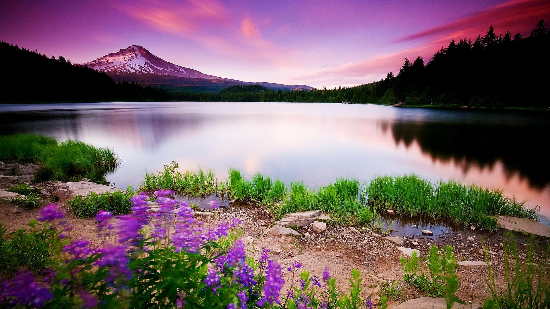 Serene Sunset Landscape with Lake and Mountain