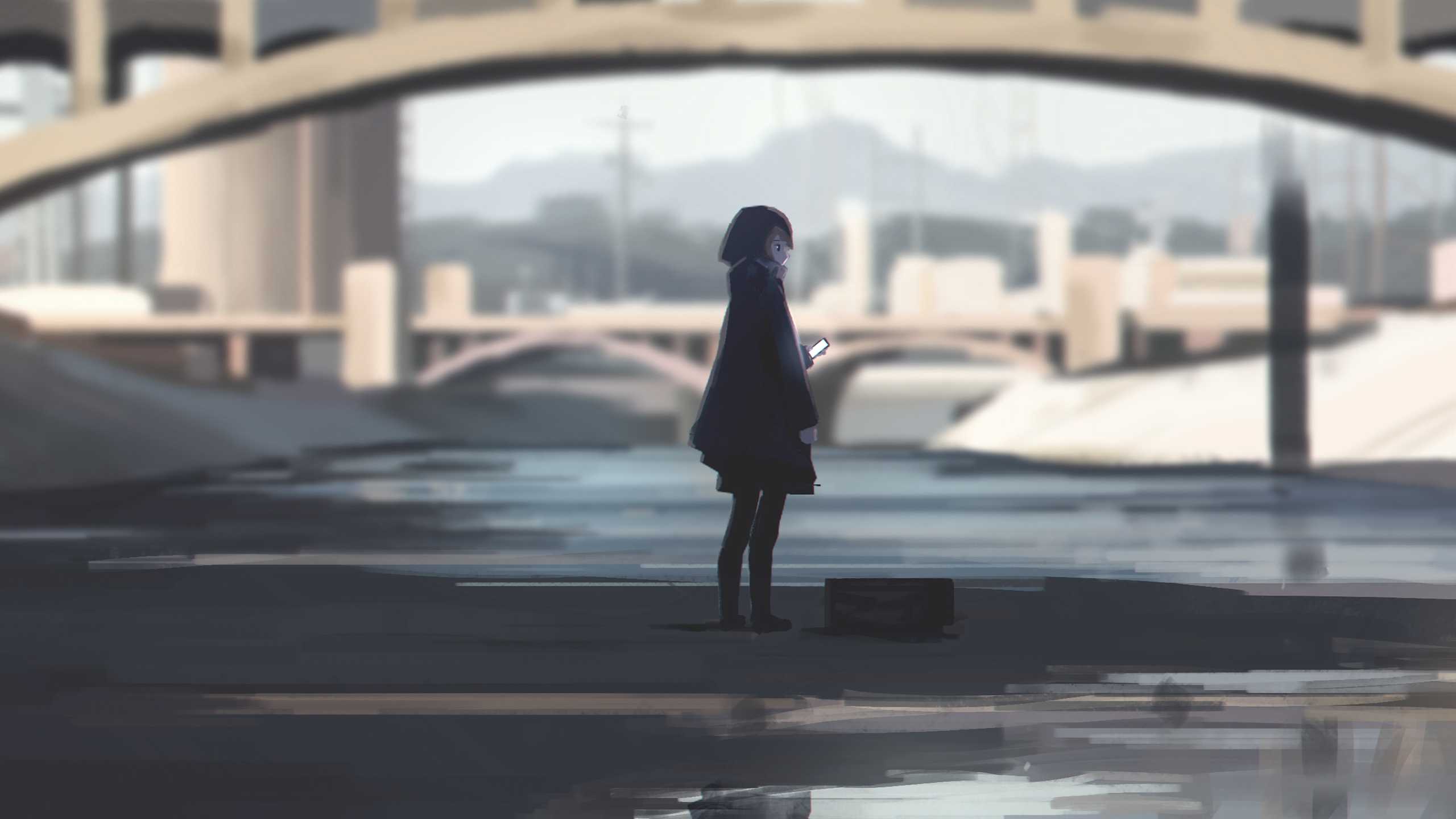 Anime Landscape Girl Cityscape Semi Realistic Bridge