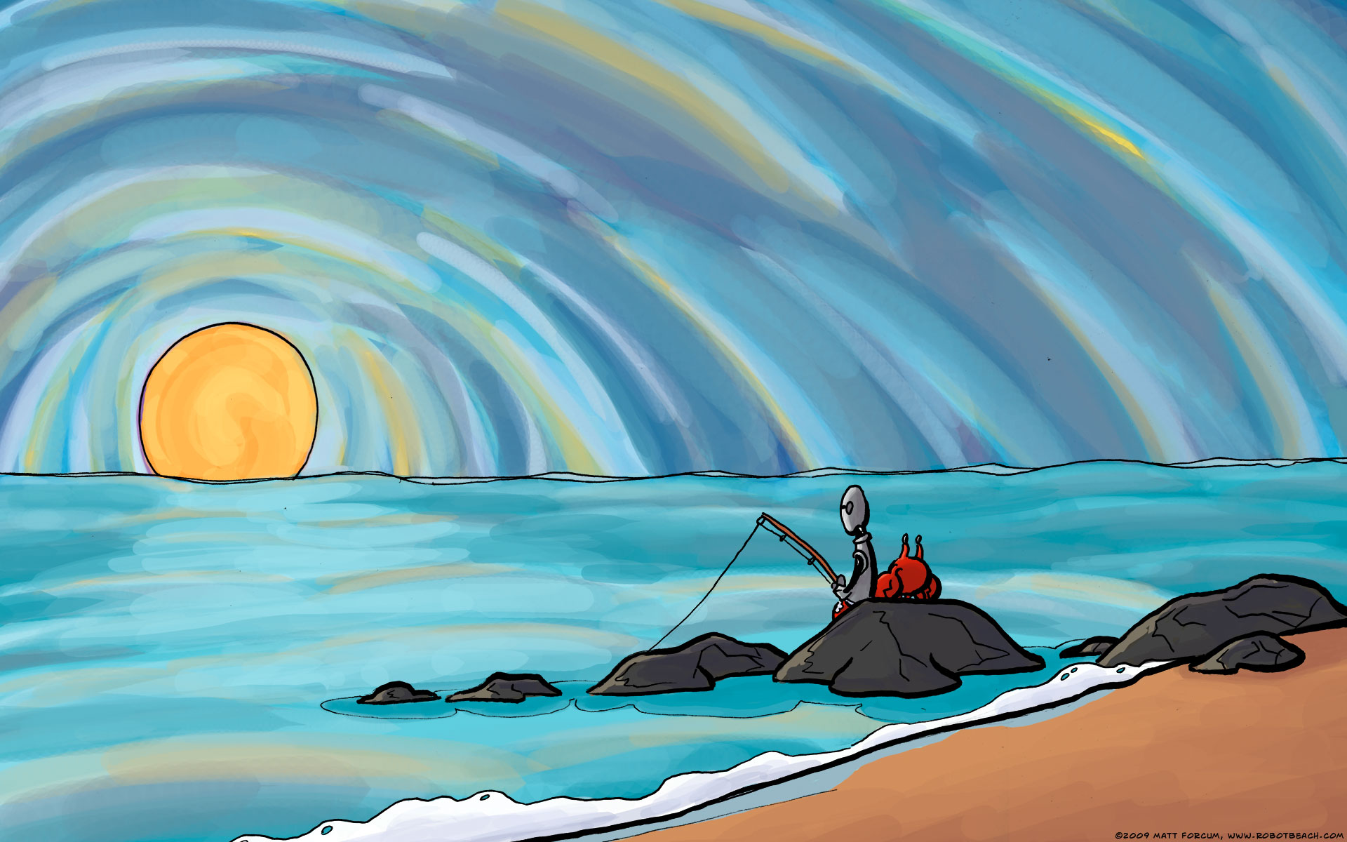Robot Beach By Matt Forcum Desktop Wallpaper Sunset