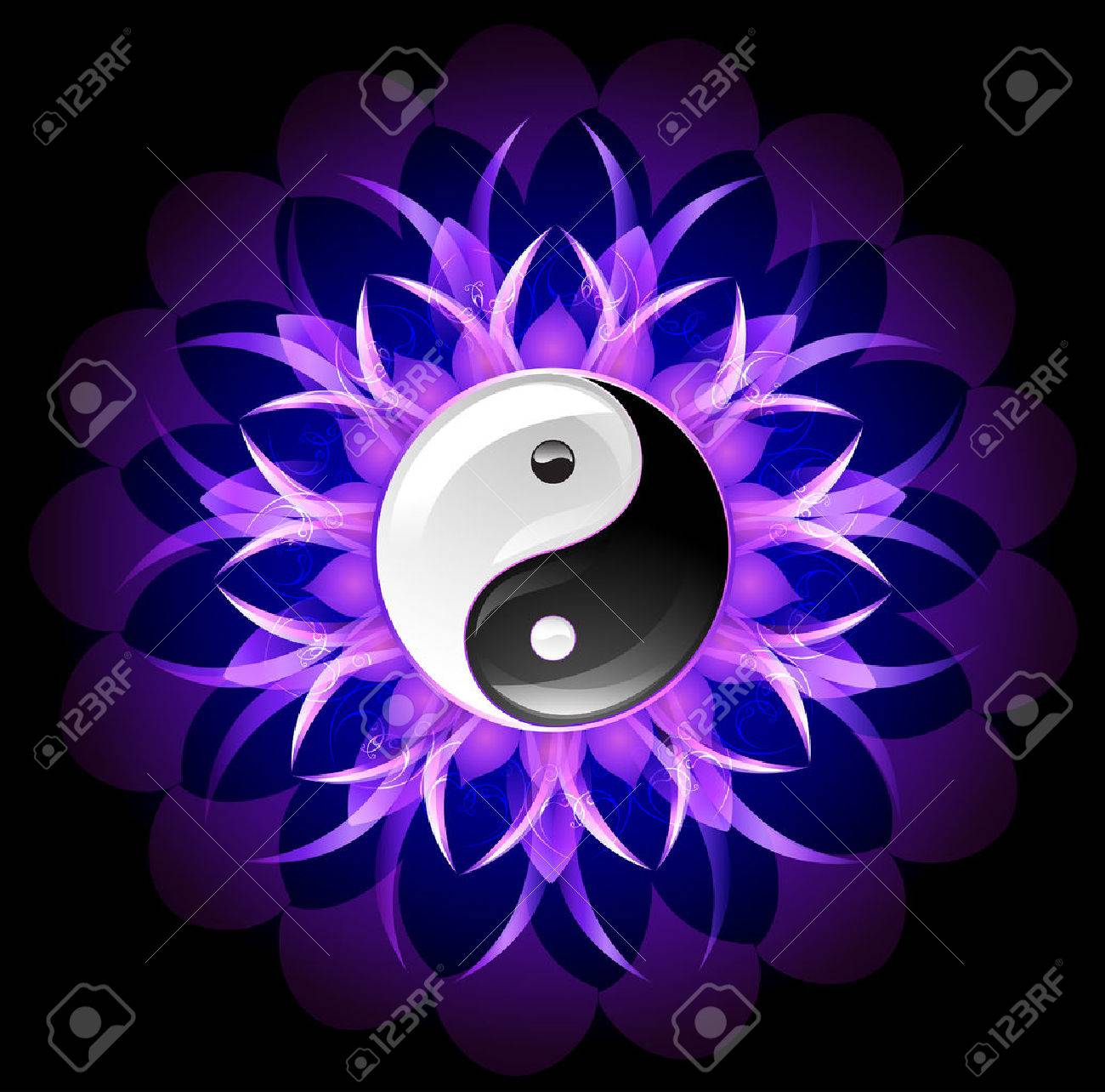Glowing Purple Lotus With Yin Yang Symbol On A Black Background