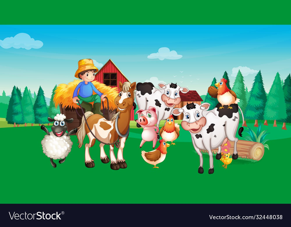 Farm scene with animal cartoon style Royalty Free Vector