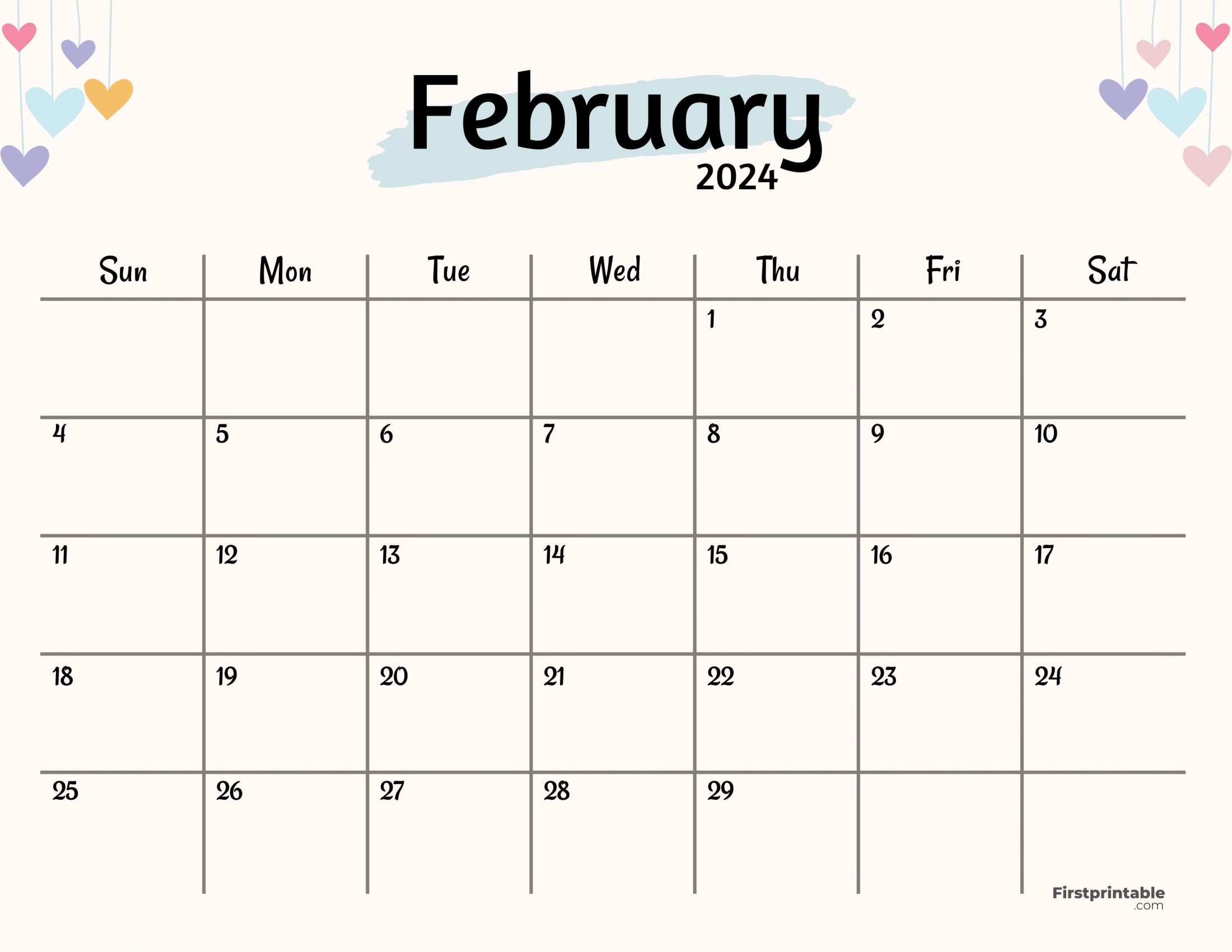 February 2024 calendar with a pastel heart theme