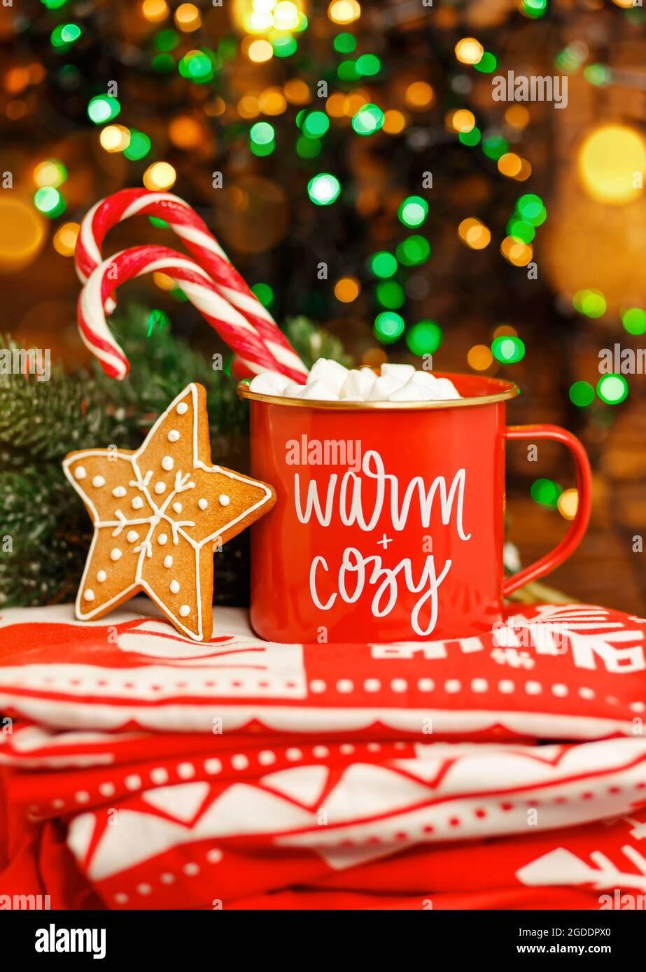Hot Chocolate Infront Xmas Tree Merry Christmas Greeting Card